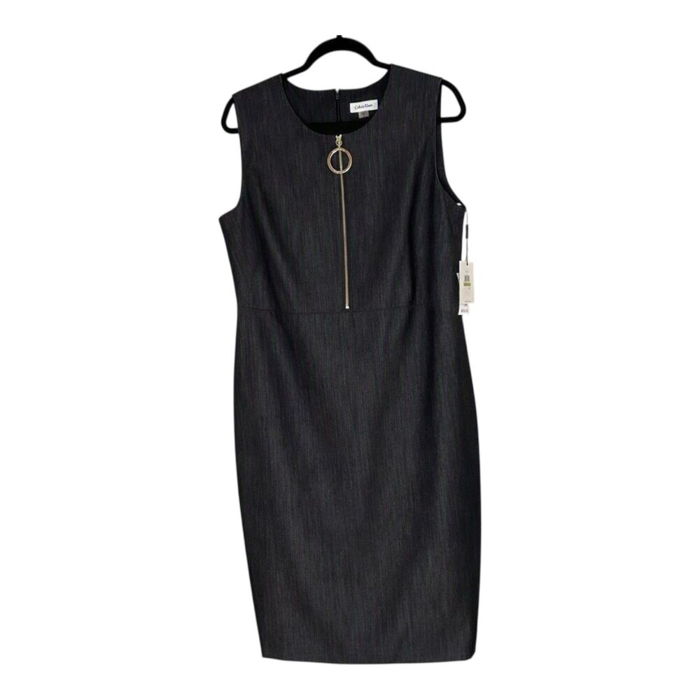 Calvin Klein Sheath Dress Charcoal Gray Size 14 Sleeveless Career Scoop Neck NWT